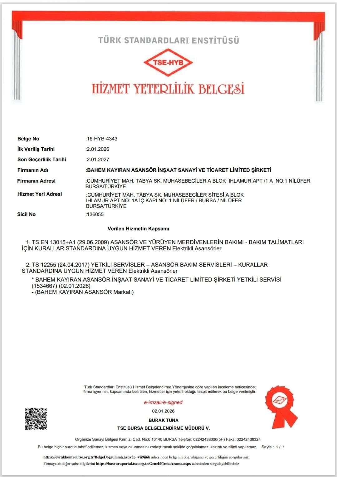 Hizmet Yeterlilik Belgesi